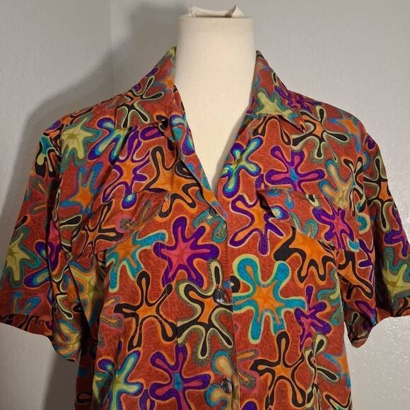 Y.LE.V Vtg Silk Vibrant Abstract Women's Button Down Shirt Size 8 - Picture 5 of 9
